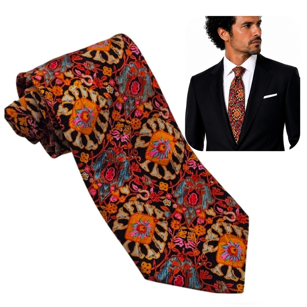 Brioni Silk Tie Black Orange‎ Medallion Floral Italian Designer Luxury Old Money